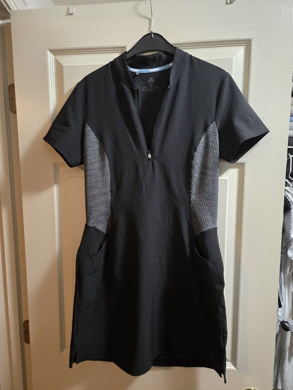 Adidas Black Short-Sleeve Zip Front Dress with Contrast Side Panels